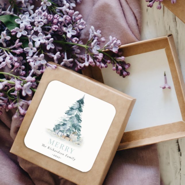 Sticker Carré Joyeux Aquarelle Neige Pine Noël Arbre Cadeaux (Créateur téléchargé)