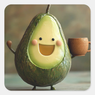 Sticker Carré Joyeux Avocado jouissant d'une coupe de thé
