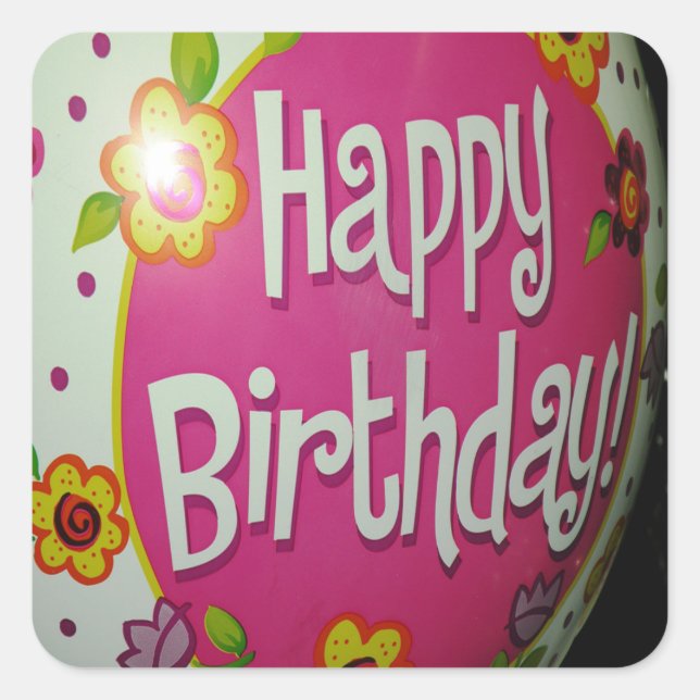 Sticker Carré Joyeux Balloon d'Anniversaire avec Fleurs, Concept (Devant)