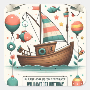 Sticker Carré joyeux bateau mignon garçon Poisson d'un 1er anniv
