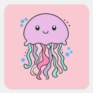 Sticker Carré Joyeux bébé méduse souriant avec des bulles.