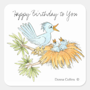 Sticker Carré Joyeux Birthday Blue Birds