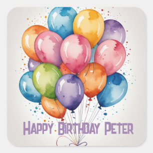 Sticker Carré Joyeux Birthday bunons nom personnalisé ballons