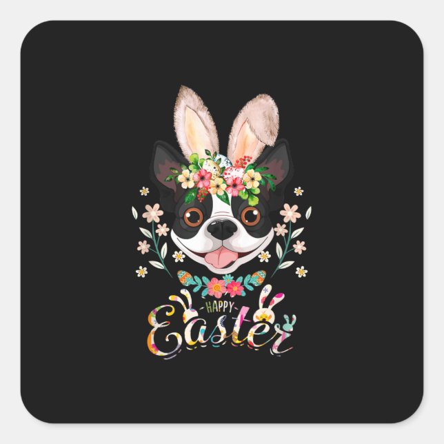 Sticker Carré Joyeux Bunny Pâques Boston Terrier Amateurs Avec E (Devant)