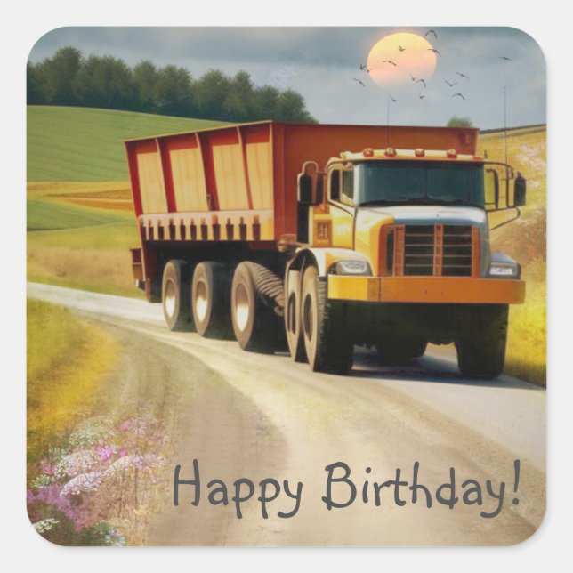 Sticker Carré Joyeux Camion de vidage d'anniversaire (Devant)