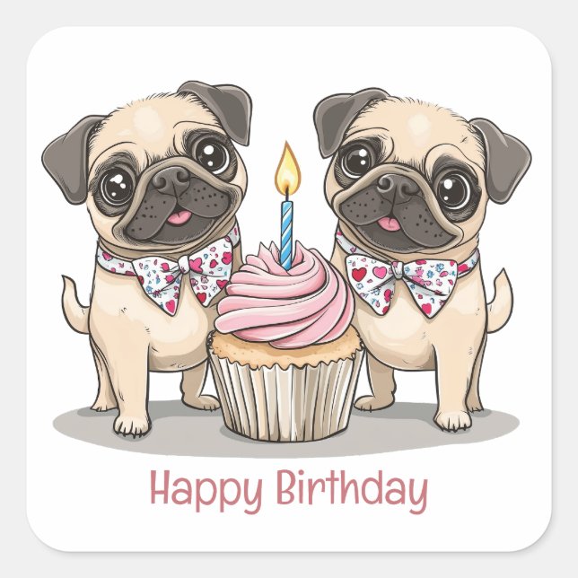 Sticker Carré Joyeux Carlin d'anniversaire Chiens Cupcake (Devant)