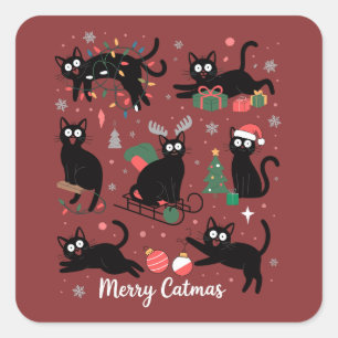 Sticker Carré Joyeux Catmas Drôle de Noël Amateur de Chat Noir