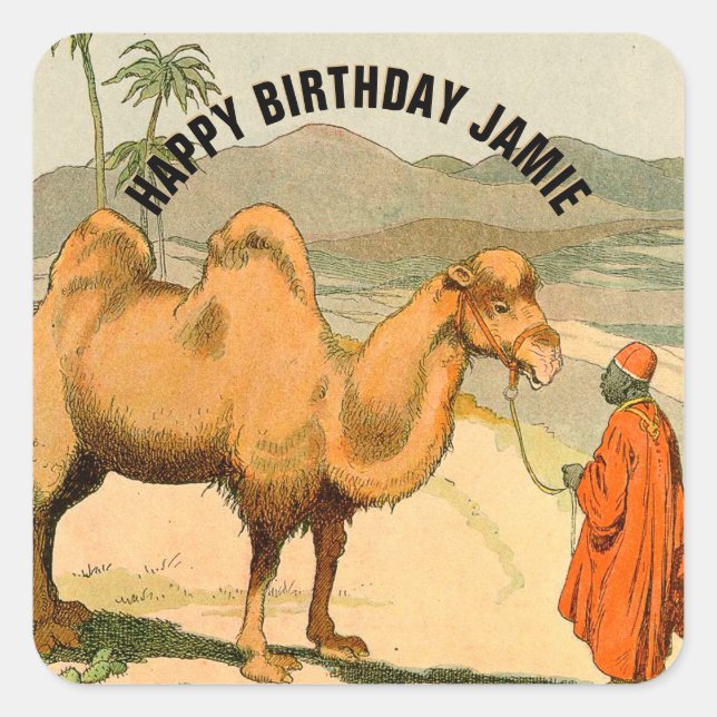 Sticker Carré Joyeux chameau d'anniversaire illustré (Devant)