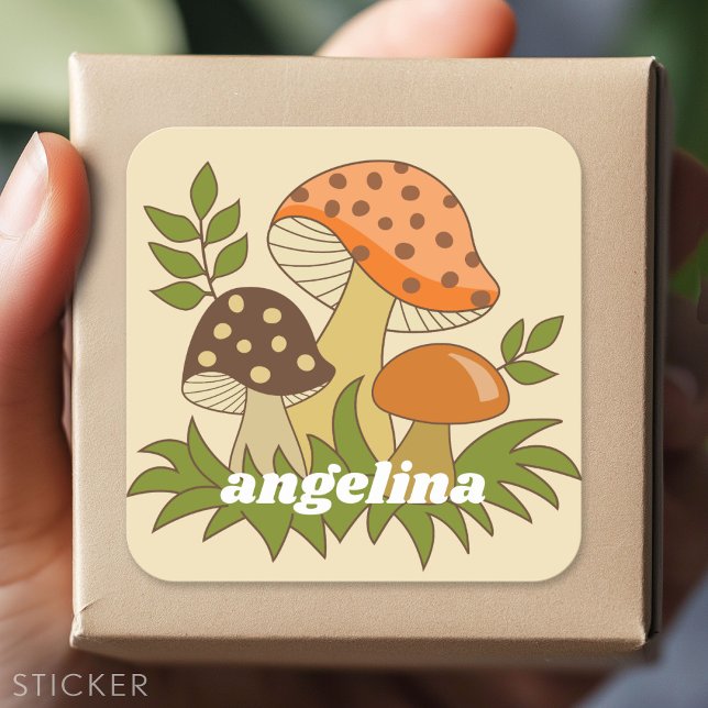 Sticker Carré Joyeux champignons avec nom personnalisé (Custom Sticker - Personalize with your info for a party favor or gift)