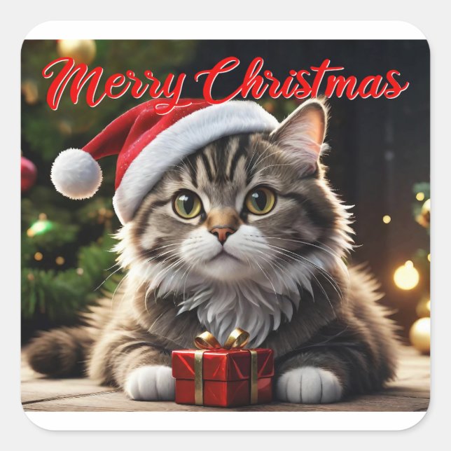 Sticker Carré Joyeux chat de Noël (Devant)