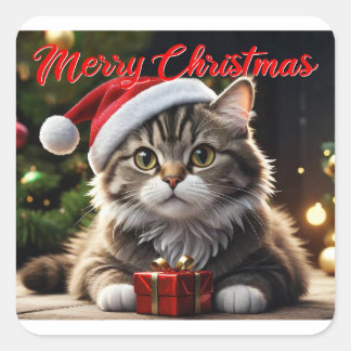 Sticker Carré Joyeux chat de Noël