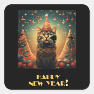 Sticker Carré Joyeux chat du Nouvel An
