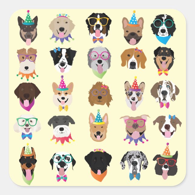 Sticker Carré Joyeux Chien d'Anniversaire Face À Des Animaux Vai (Devant)