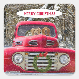 Sticker Carré Joyeux chiens de Noël dans camion rouge rétro