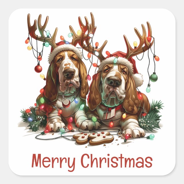 Sticker Carré Joyeux Chiens de poche Basset de Noël (Devant)