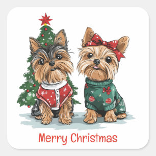 Sticker Carré Joyeux Chiens de Yorkie de Noël