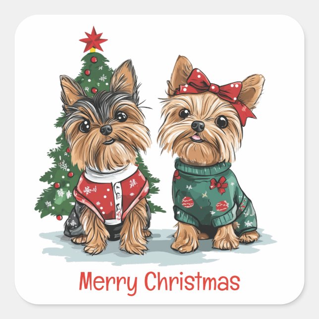 Sticker Carré Joyeux Chiens de Yorkie de Noël (Devant)