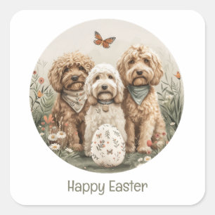 Sticker Carré Joyeux Chiens Goldendoodle de Pâques