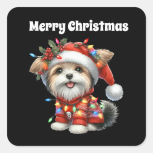 Sticker Carré Joyeux chiot de Noël