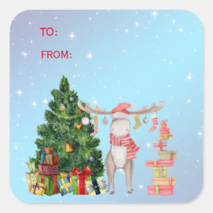Sticker Carré Joyeux Chris-Moose, Arbre de Noël, Cadeaux De Vaca