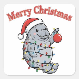 Sticker Carré Joyeux Chrismiss Manatee Mignon Gros Lamantin Noël