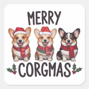 Sticker Carré Joyeux Corgmas Chapeau de Père Noël Noël Corgi Chi