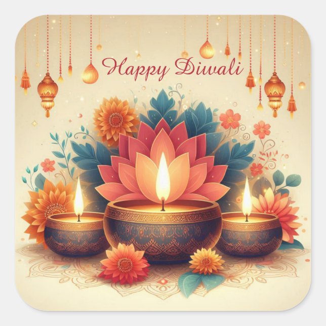 Sticker Carré Joyeux Diwali Diya Lotus Festival Floral Lumière (Devant)