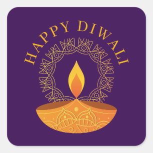 Sticker Carré Joyeux Diwali Festival des lumières Diya Purple