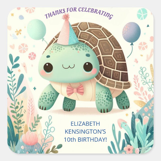 Sticker Carré Joyeux Enfants Cute Tortoise fête d'anniversaire (Devant)