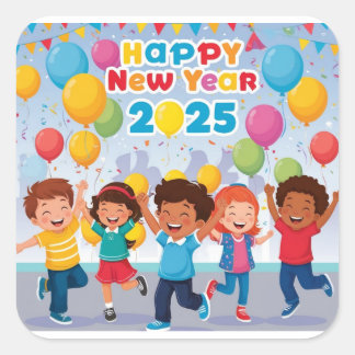 Sticker Carré Joyeux enfants dansant pour le Nouvel An 2025 🎉