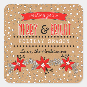 Sticker Carré Joyeux et brillant Noël. Papier Floral Kraft