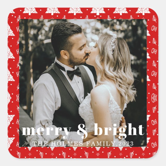Sticker Carré joyeux et lumineux noël arbre couple photo rouge (Devant)