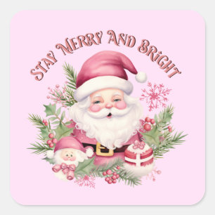 Sticker Carré Joyeux et lumineux - Père Noël rose