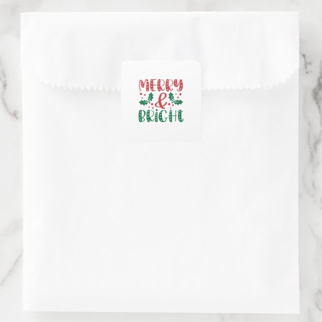 Sticker Carré Joyeux et lumineux rouge et vert Noël de houx (Sac)