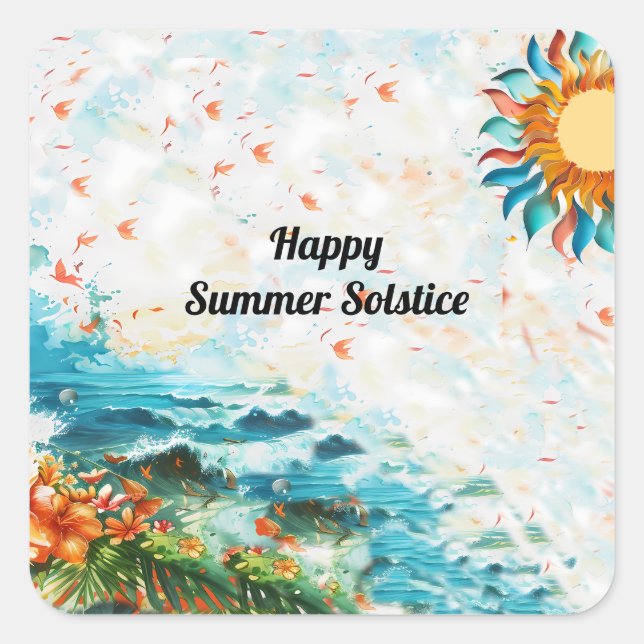Sticker Carré Joyeux été Solstice Solstice Fleurs Soleil Mer (Devant)