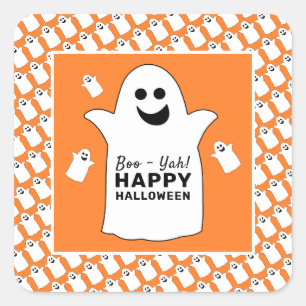 Sticker Carré Joyeux Fantôme, fête d'Halloween orange