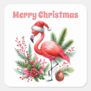Sticker Carré Joyeux flamant rose Noël