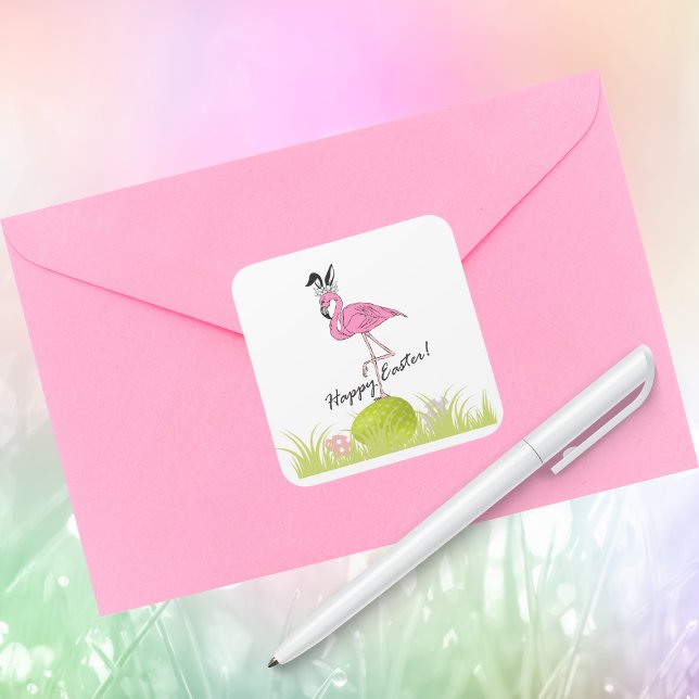 Sticker Carré Joyeux Flamant rose rose de Pâques Oreilles et oeu (Créateur téléchargé)