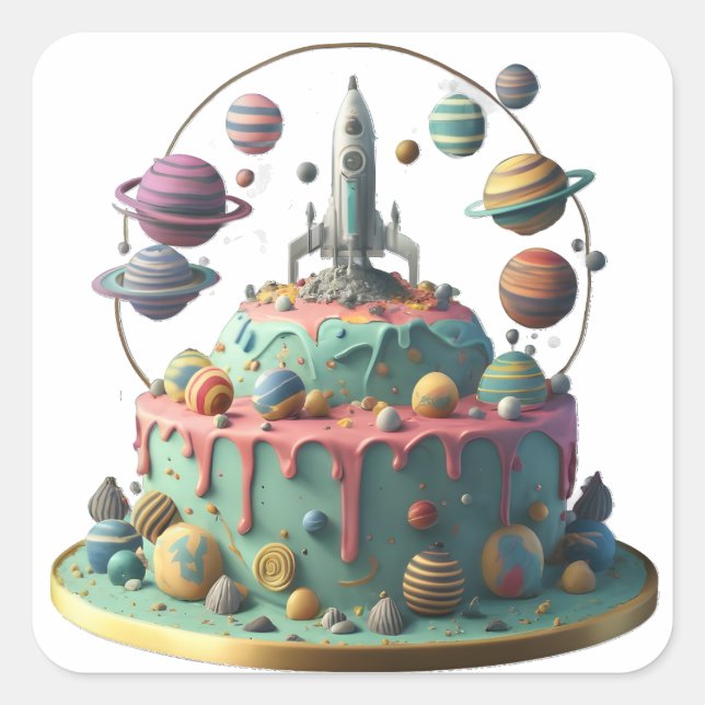 Sticker Carré Joyeux gâteau d'anniversaire Galaxy (Devant)
