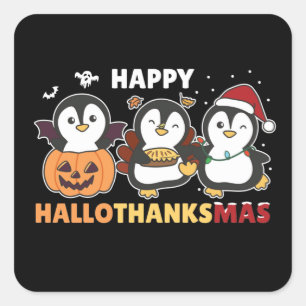 Sticker Carré Joyeux Hallothanksmas Penguins de Noël Pingouin Sq