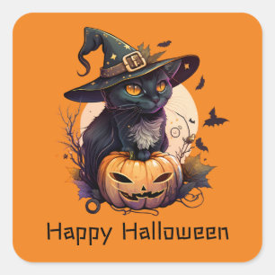 Sticker Carré Joyeux Halloween Chat noir Jack-o-Lantern Orange