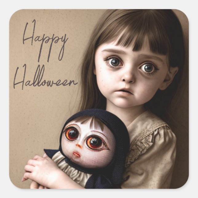 Sticker Carré Joyeux Halloween | Déplaisante fille et poupée (Devant)