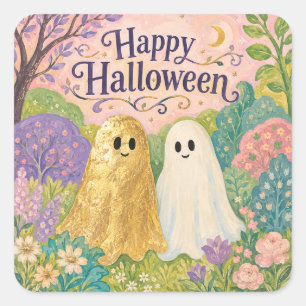 Sticker Carré Joyeux Halloween Joli Fantôme Fleur Jardin