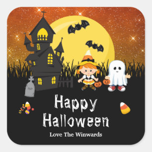 Sticker Carré Joyeux Halloween Party sorcière Ghost Orange