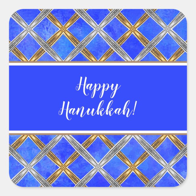 Sticker Carré Joyeux Hanukkah Or et Argent Entrelacés de Blanc (Devant)