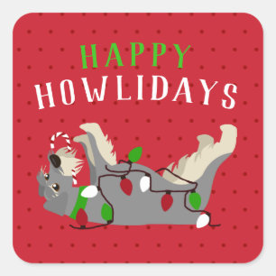 Sticker Carré Joyeux HOWLidays mignons Schnauzer Noël