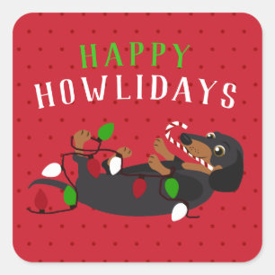 Sticker Carré Joyeux HOWLidays Noël mignon Dachshund