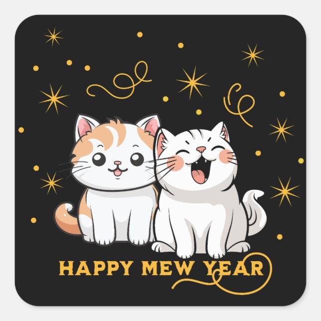 Sticker Carré Joyeux Jeu de l'année de fête de chat Pun (Devant)