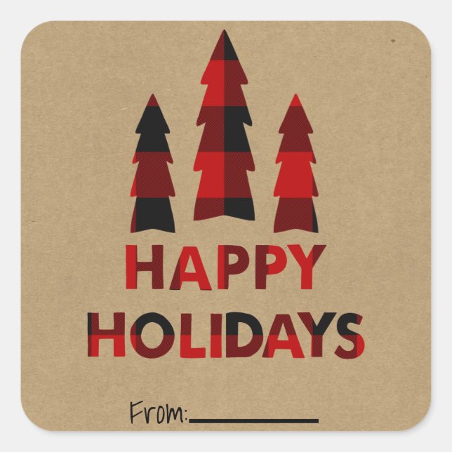 Sticker Carré Joyeux Joyeux Jours de Noël Arbres Plaid Kraft (Devant)