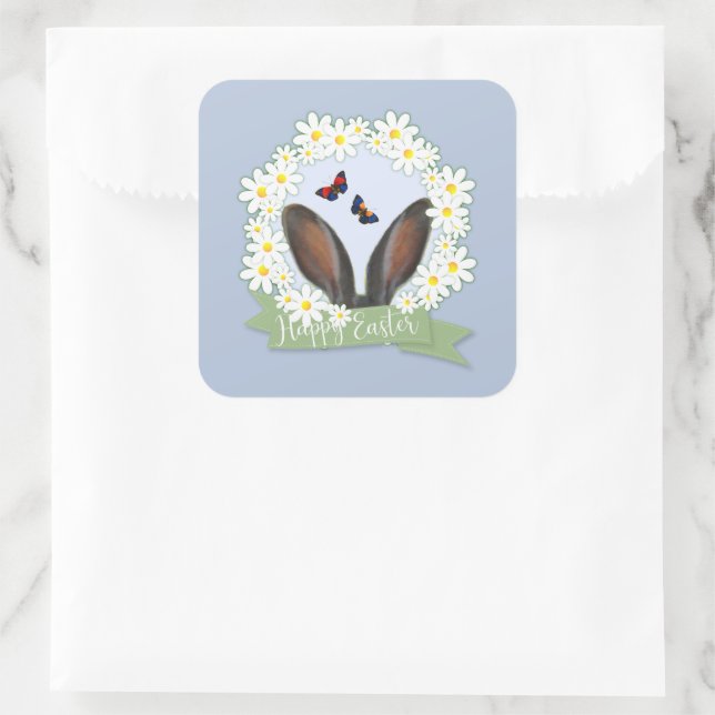 Sticker Carré Joyeux Lapin de Pâques Oreilles Marguerites Wreath (Sac)